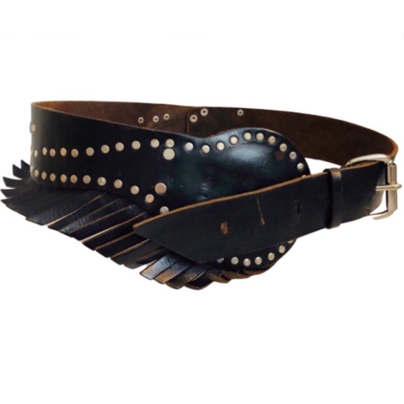 Vintage Accessories - 🍁Vtg 80s Leather Fringe Belt Dark Brown Studs 44”